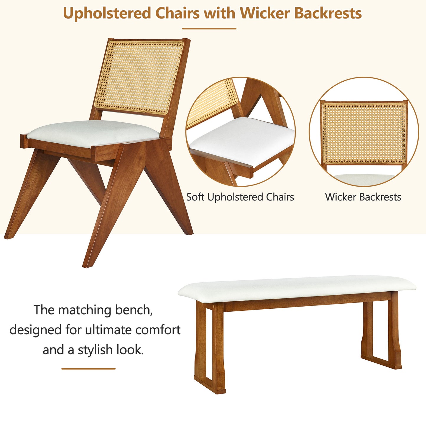 Modern 6 Piece Extendable Dining Table Set With 4 Wicker Back Upholstered Dining Chairs And Long Bench, 2 Removable Leaf - Walnut