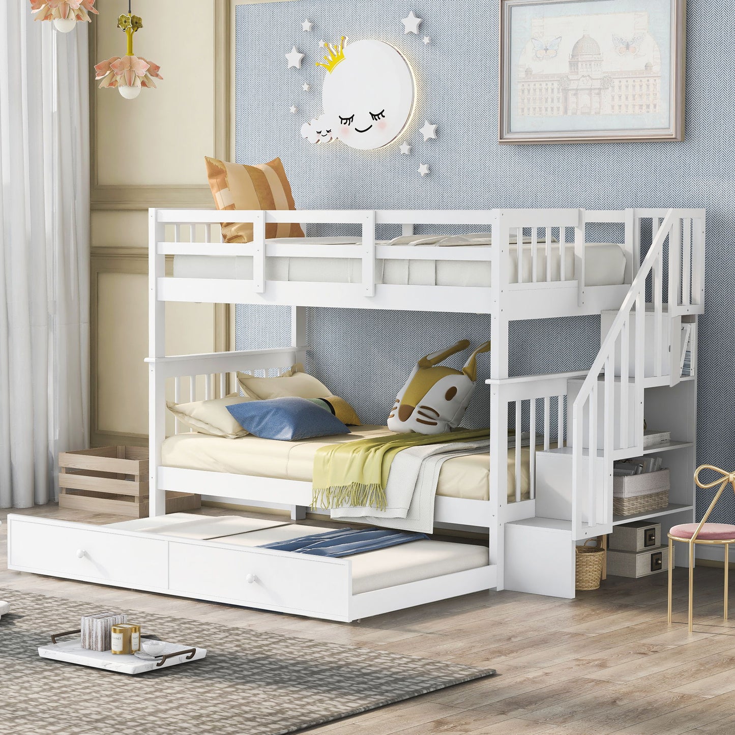 Twin Over Twin Stairway Bunk Bed With Twin Size Trundle For Bedroom - White
