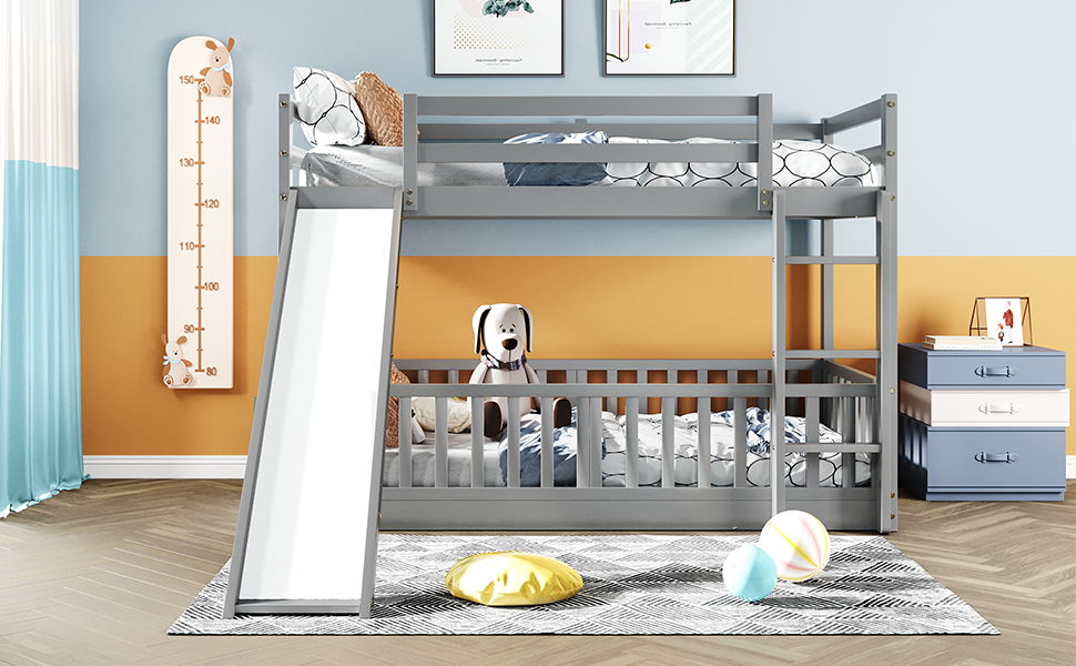 Twin Over Twin Classic Bunk Bed & Slide And Ladder - Gray