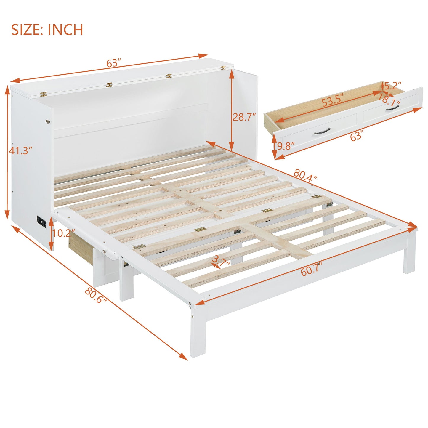 Queen Size Murphy Bed With Large Drawers - White