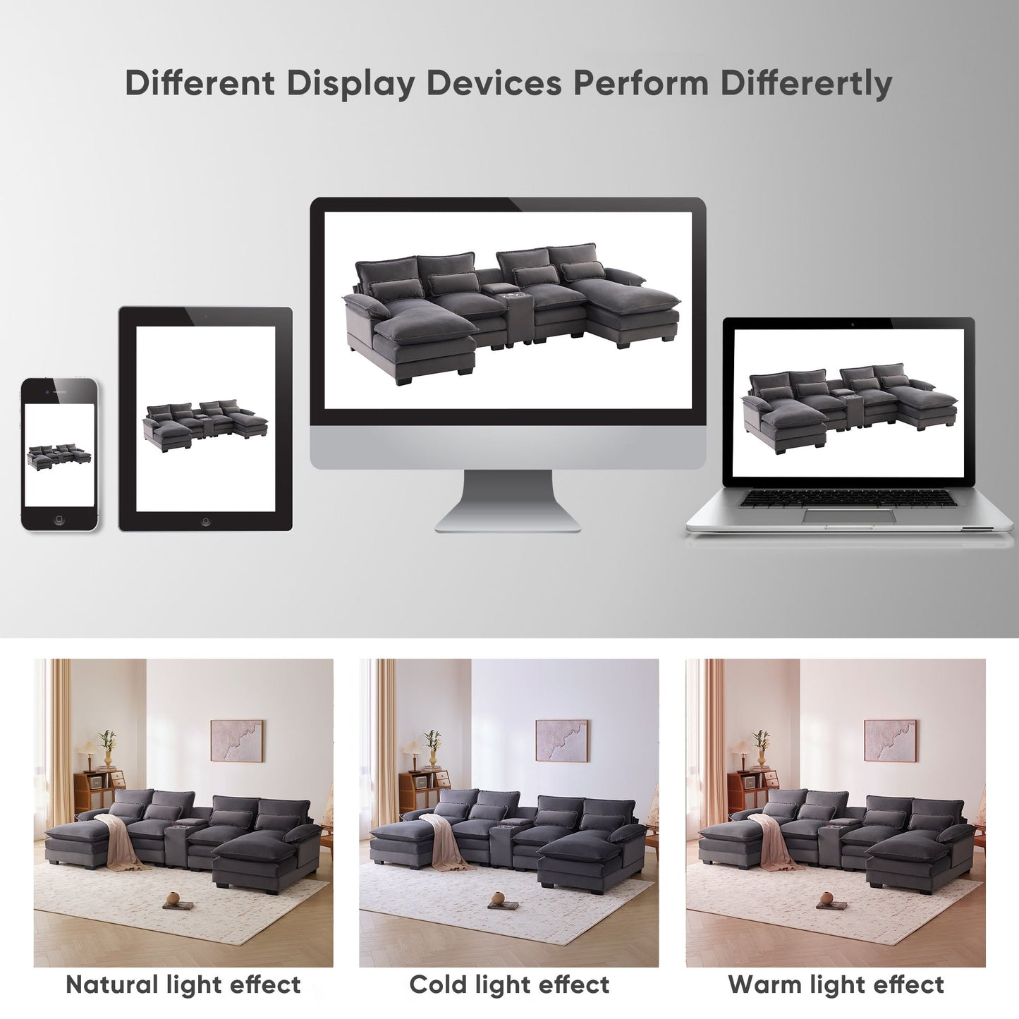 Modern U Shaped Sofa With Console, Cupholders And USB Ports, 6 Seat Upholstered Symmetrical Indoor Furniture, Sleeper Couch Set With Chaise - Gray
