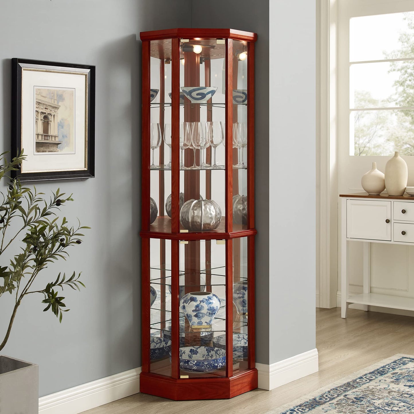 6 Shelf Lighted Corner Curio Cabinet With Adjustable Tempered Glass Shelves And Mirror Back (E26 Light Bulb Not Included) - Cherry