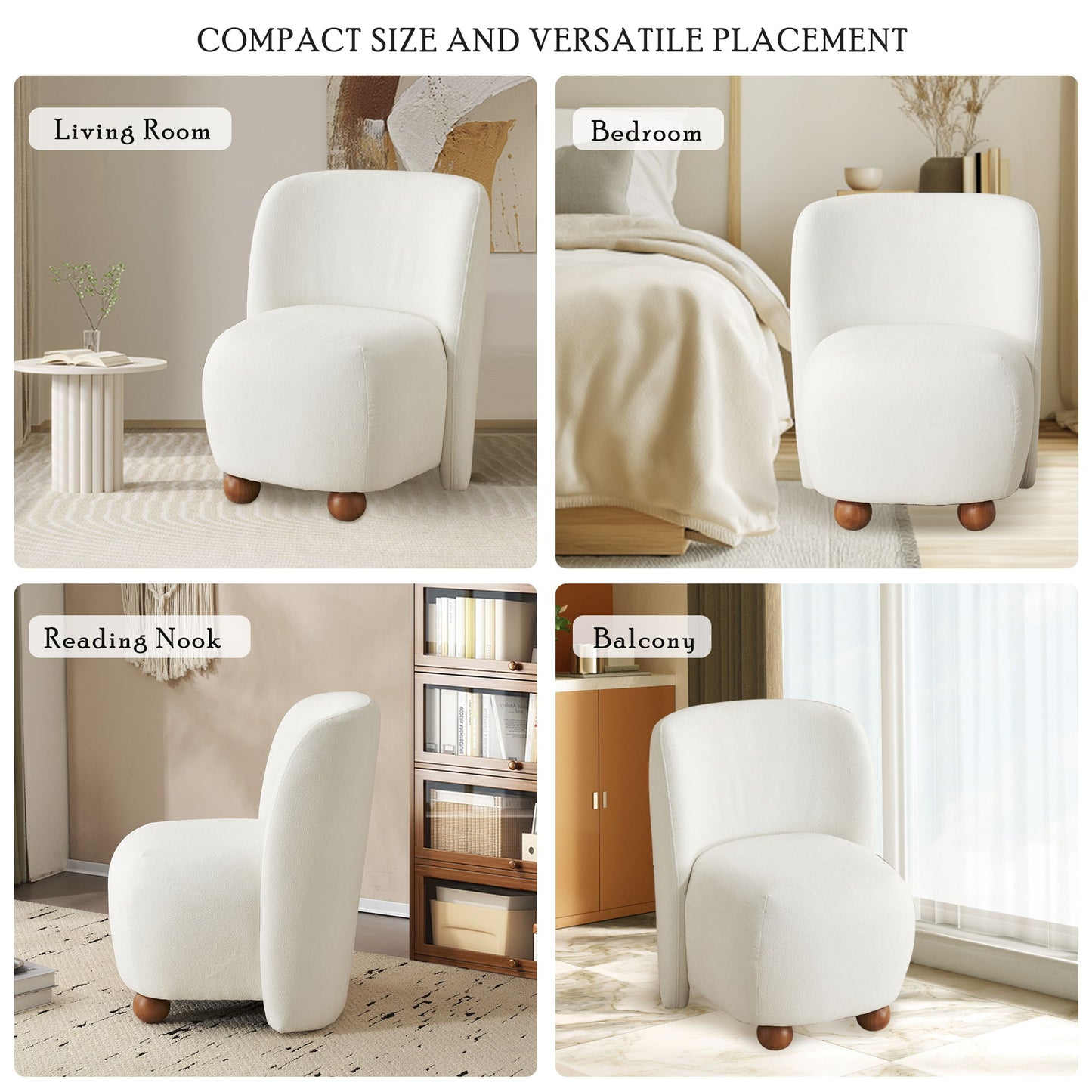 Modern Low Back Accent Chair, Upholstered Armless Living Room Chairs, Round Pine Wood Feet, For Small Living Spaces, Living Room - White