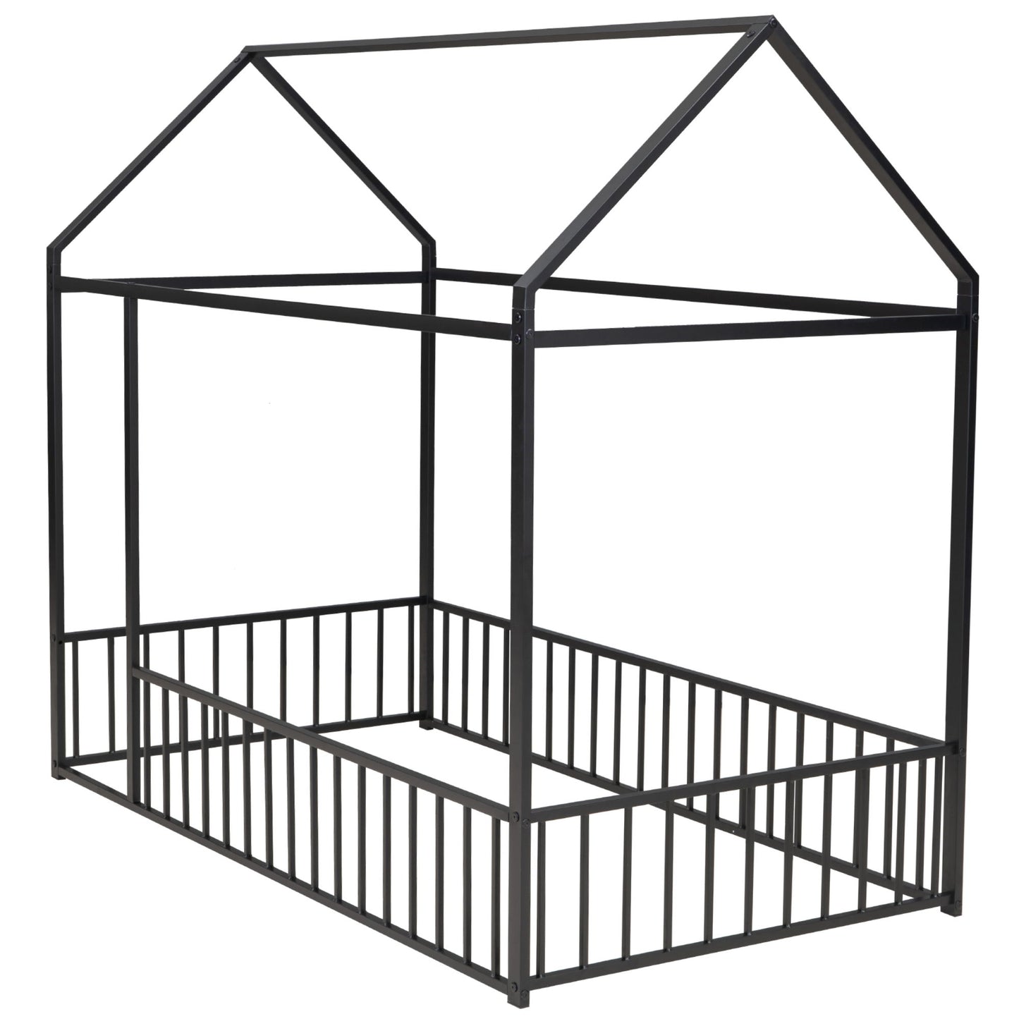 Twin Size Bed House Bed Frame With Fence - Black