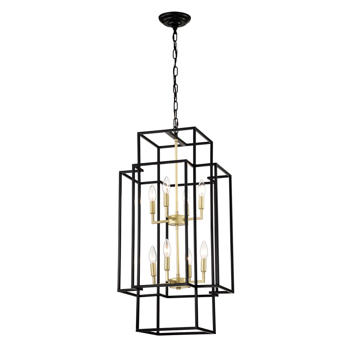 8 Light Metal Lantern Tiered Pendant Hanging Light Fixtures, Industrial Farmhouse Adjustable Height Chandeliers For Dining Room Hallway Foyer Entryway (E12 Bulbs Not Included) - Matte Black / Gold