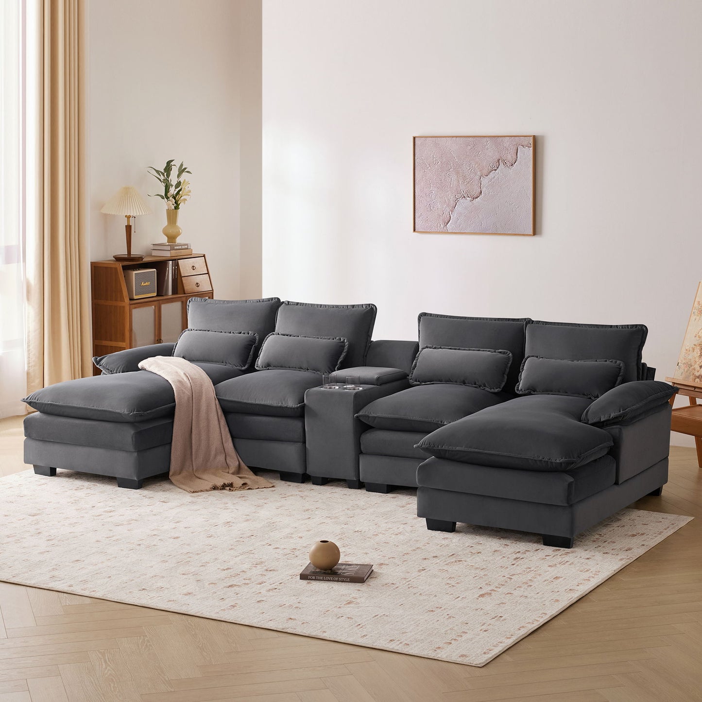 Modern U Shaped Sofa With Console, Cupholders And USB Ports, 6 Seat Upholstered Symmetrical Indoor Furniture, Sleeper Couch Set With Chaise - Gray