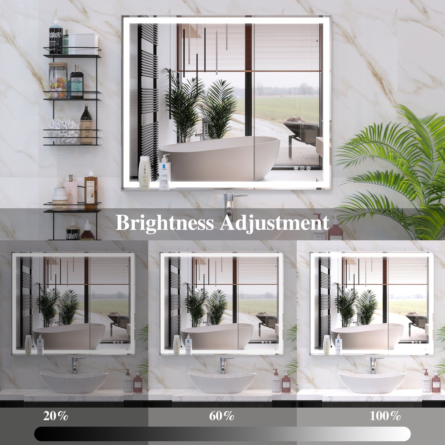 LED Bathroom Vanity Mirror Wall Mounted Adjustable White / Warm / Natural Lights Anti-Fog Touch Switch With Memory Modern Smart Large Bathroom Mirrors - Silver