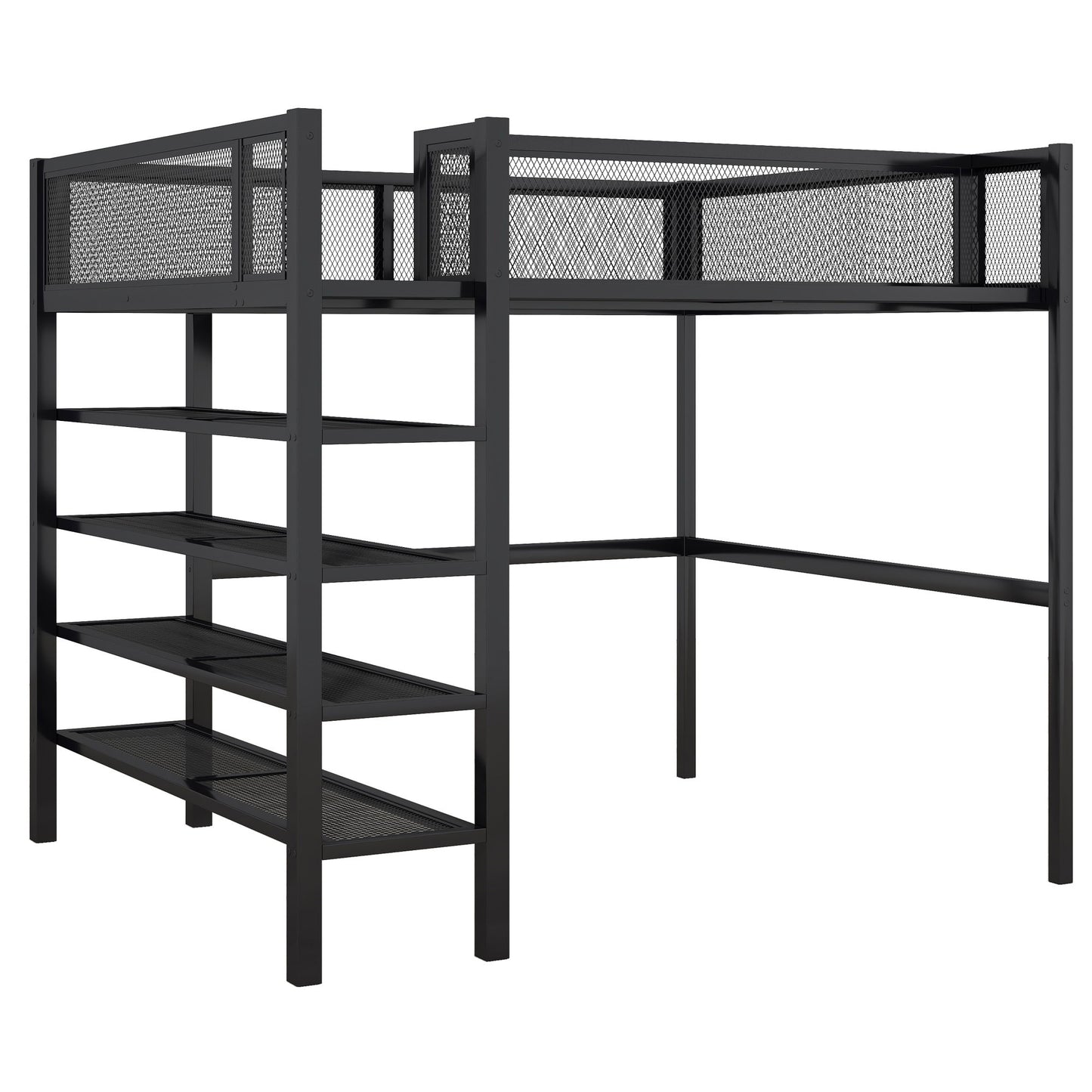 Full Size Loft Bed With 4 Tier Shelves And Storage - Black