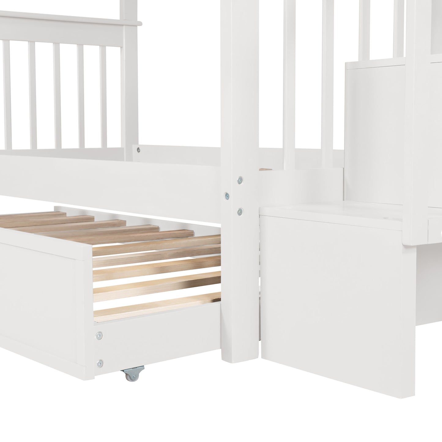 Twin Over Twin Stairway Bunk Bed With Twin Size Trundle For Bedroom - White