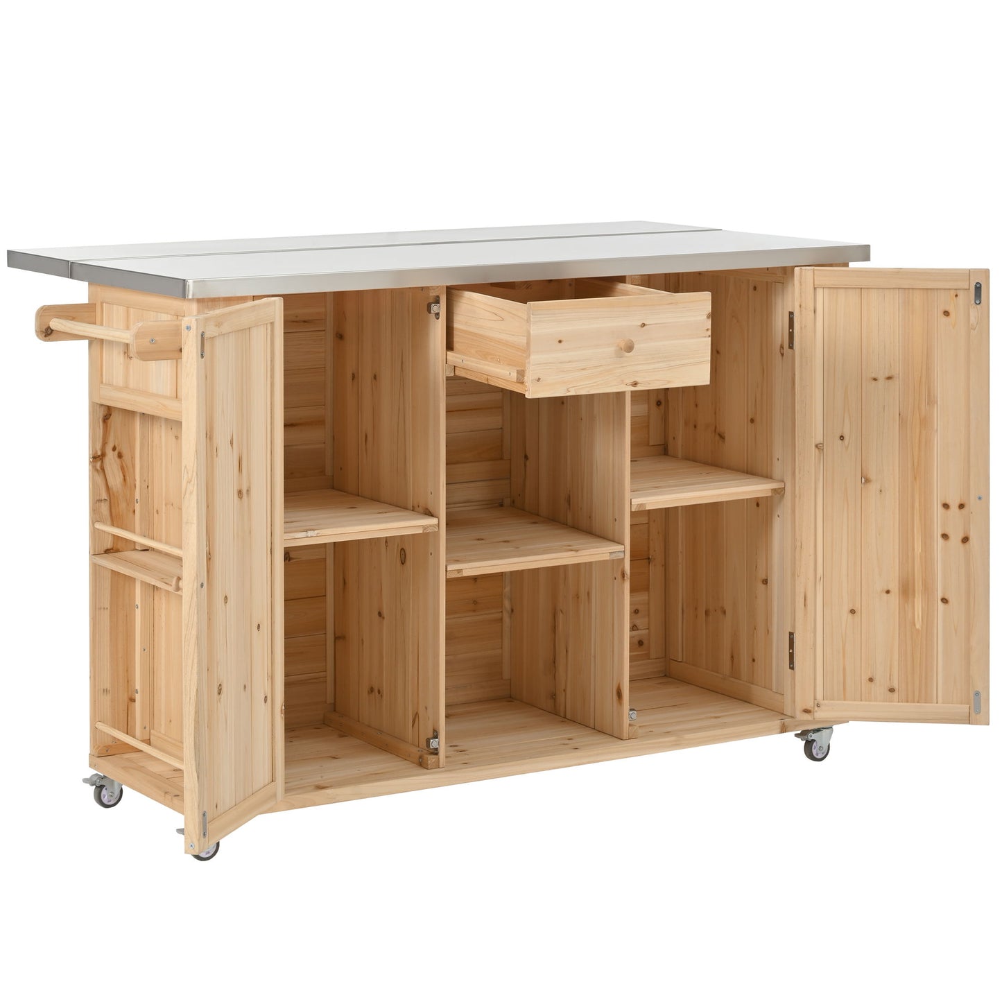 Outdoor Kitchen Island Fir Wood Kitchen Island With Stainless Steel Top, Ample Storage Space, Towel And Spice Racks And A Bottle Opener For Outdoor - Natural