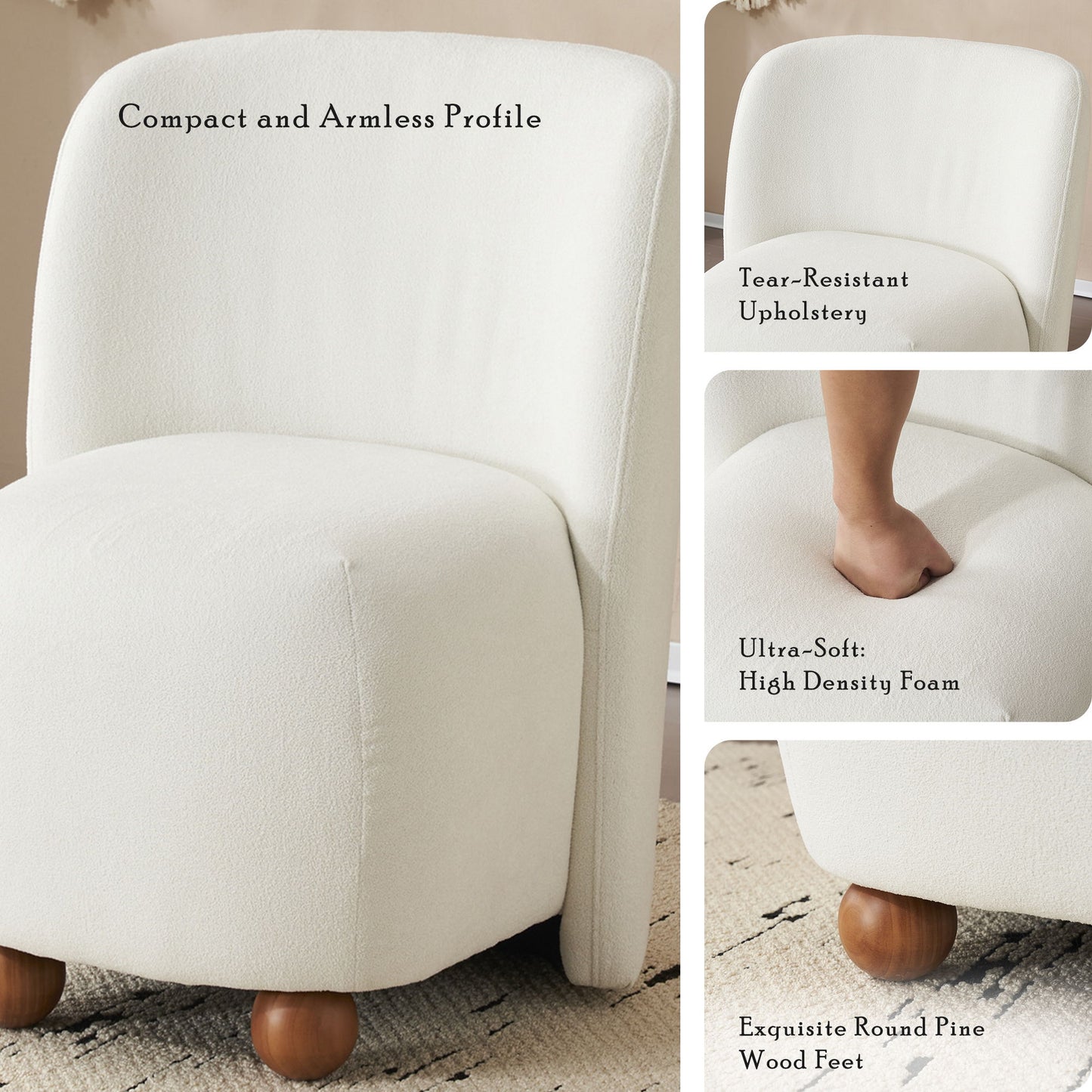 Modern Low Back Accent Chair, Upholstered Armless Living Room Chairs, Round Pine Wood Feet, For Small Living Spaces, Living Room - White