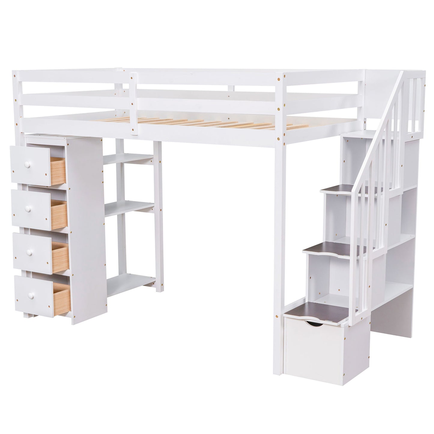 Twin Size Loft Bed With Storage Drawers And Stairs With Shelves - White