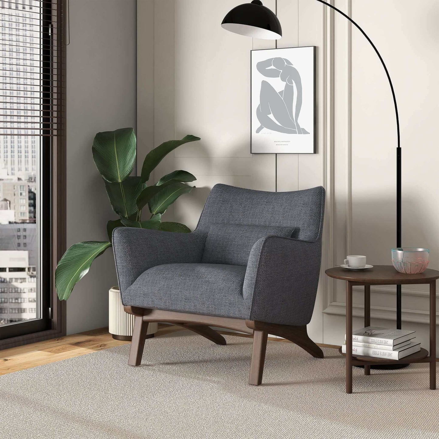 Brayden - Mid-Century Modern Side Linen Armchair - Gray / Wood