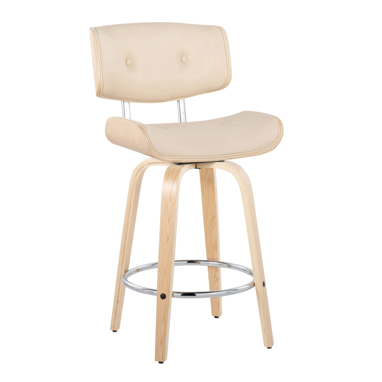 Lombardi - Mid-Century Modern Fixed Height Counter Stool With Swivel With Round Footrest (Set of 2) - Natural / Cream