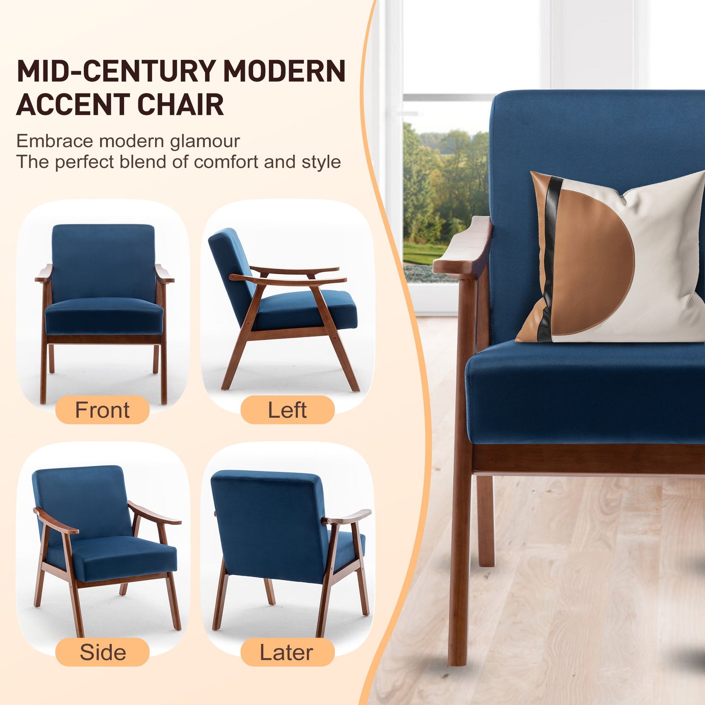 Mid Century Modern Wingback Accent Chair With Solid Wood Frame And Extra Thick Backrest - Lounge Chair For Living Room, Bedroom, Or Reading Room - Blue