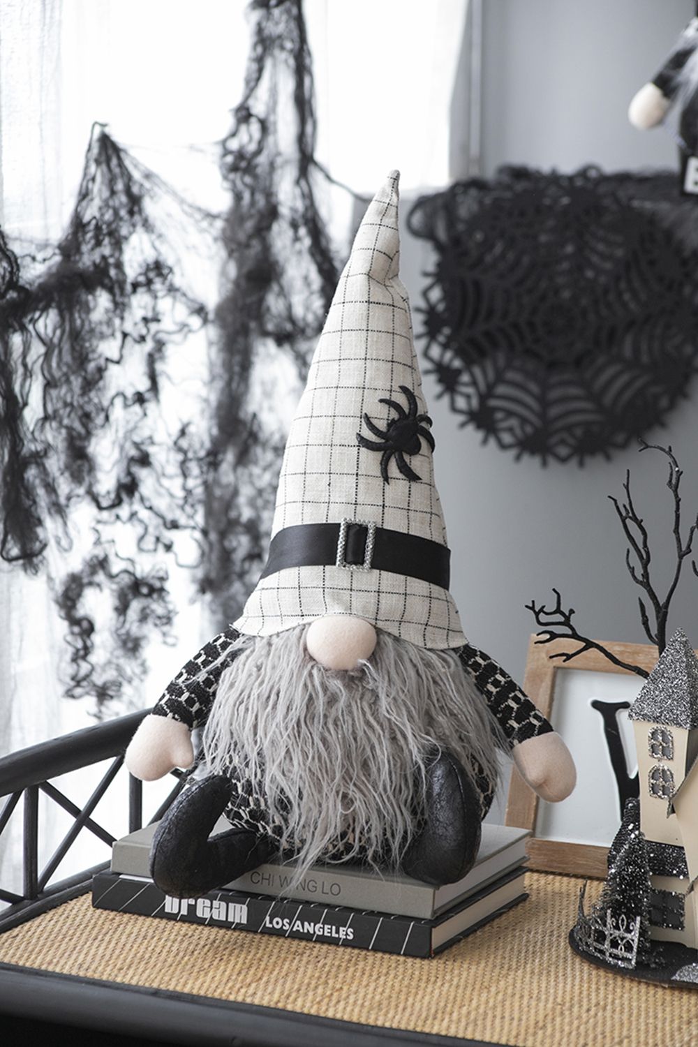 Sitting Gnome With Hat Spider, For Halloween Decor - Black White