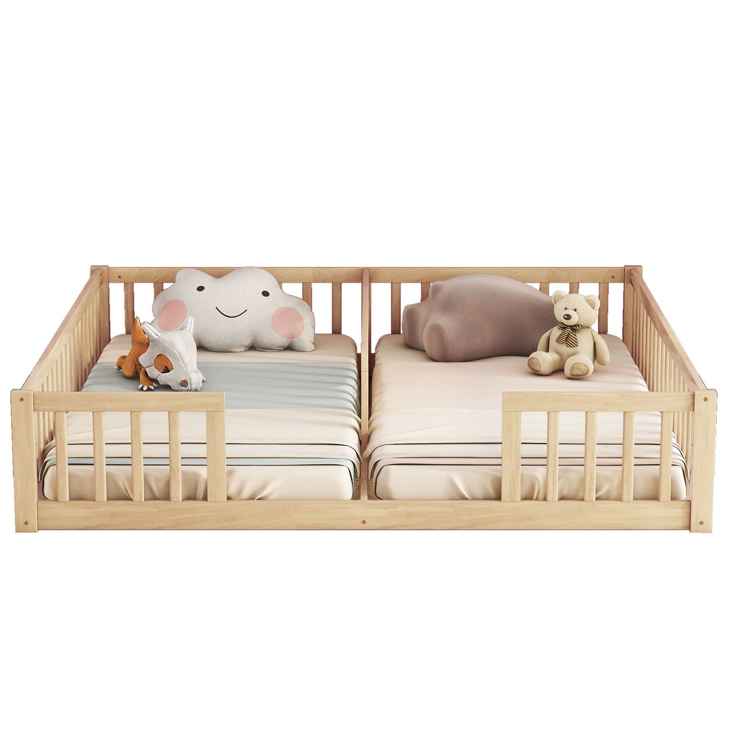 Double Twin Floor Bed With Fence, Guardrails, Without Door - Natural