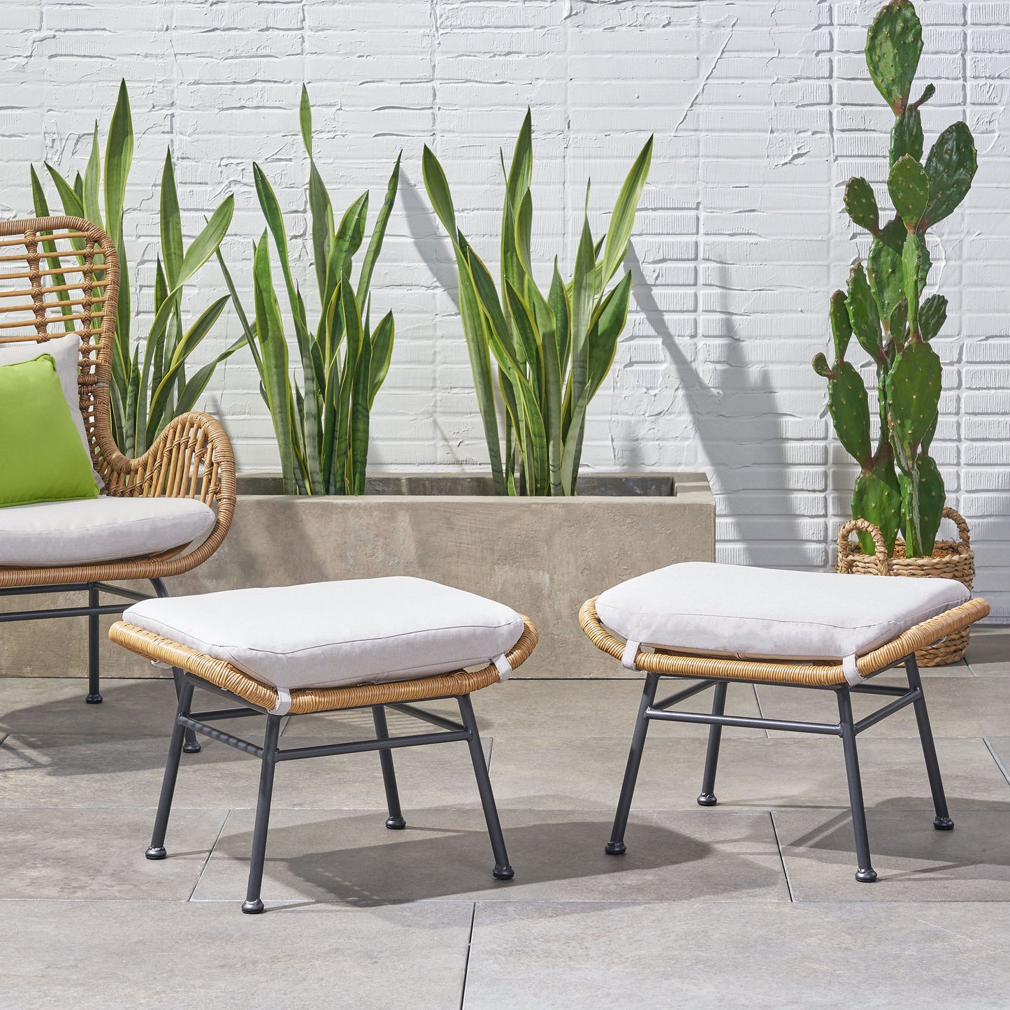 Outdoor Modern Boho Wicker Ottoman With Cushions (Set of 2) - Beige / Brown