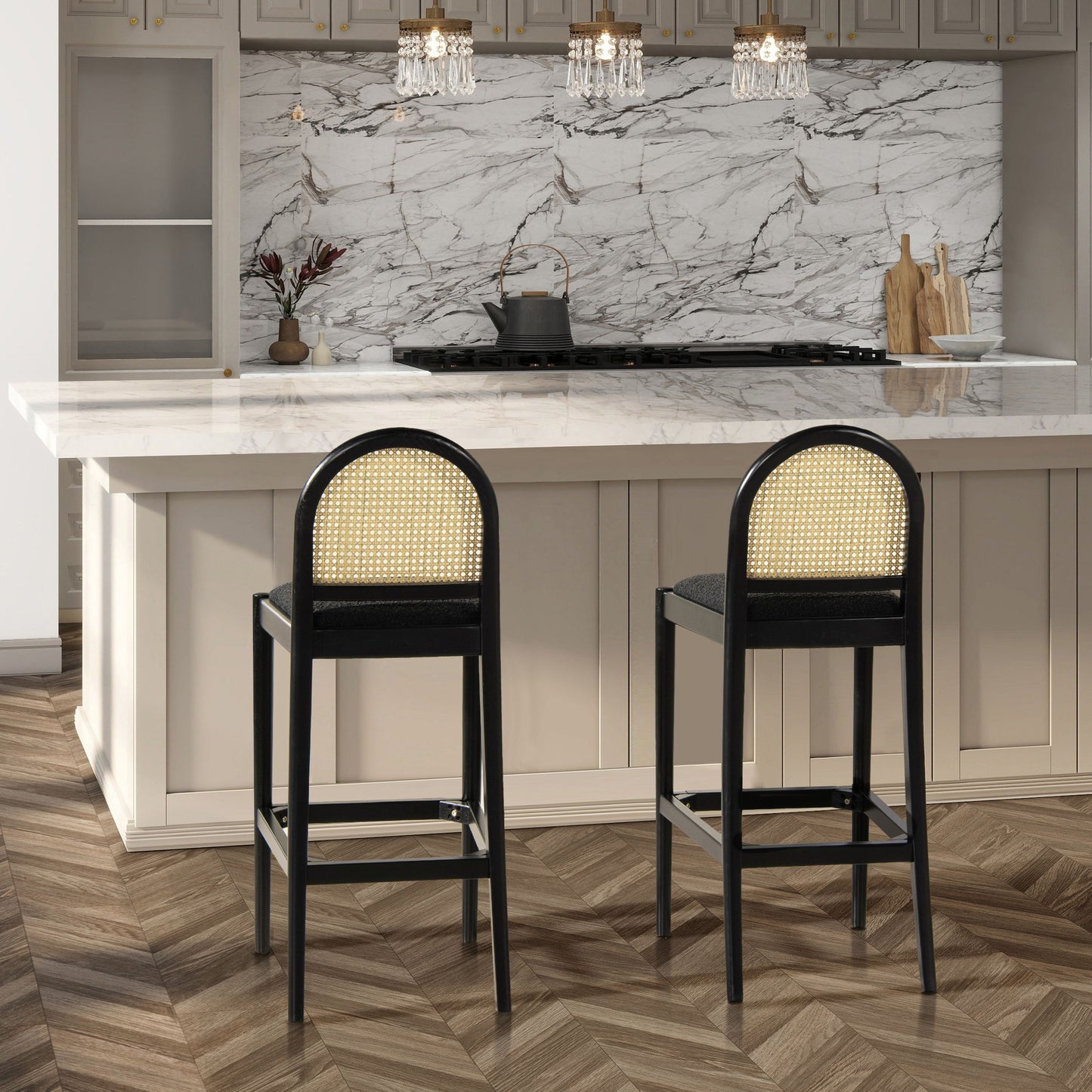 Panama - Curved Back Cane Bar Stool (Set of 2) - Ebony Black