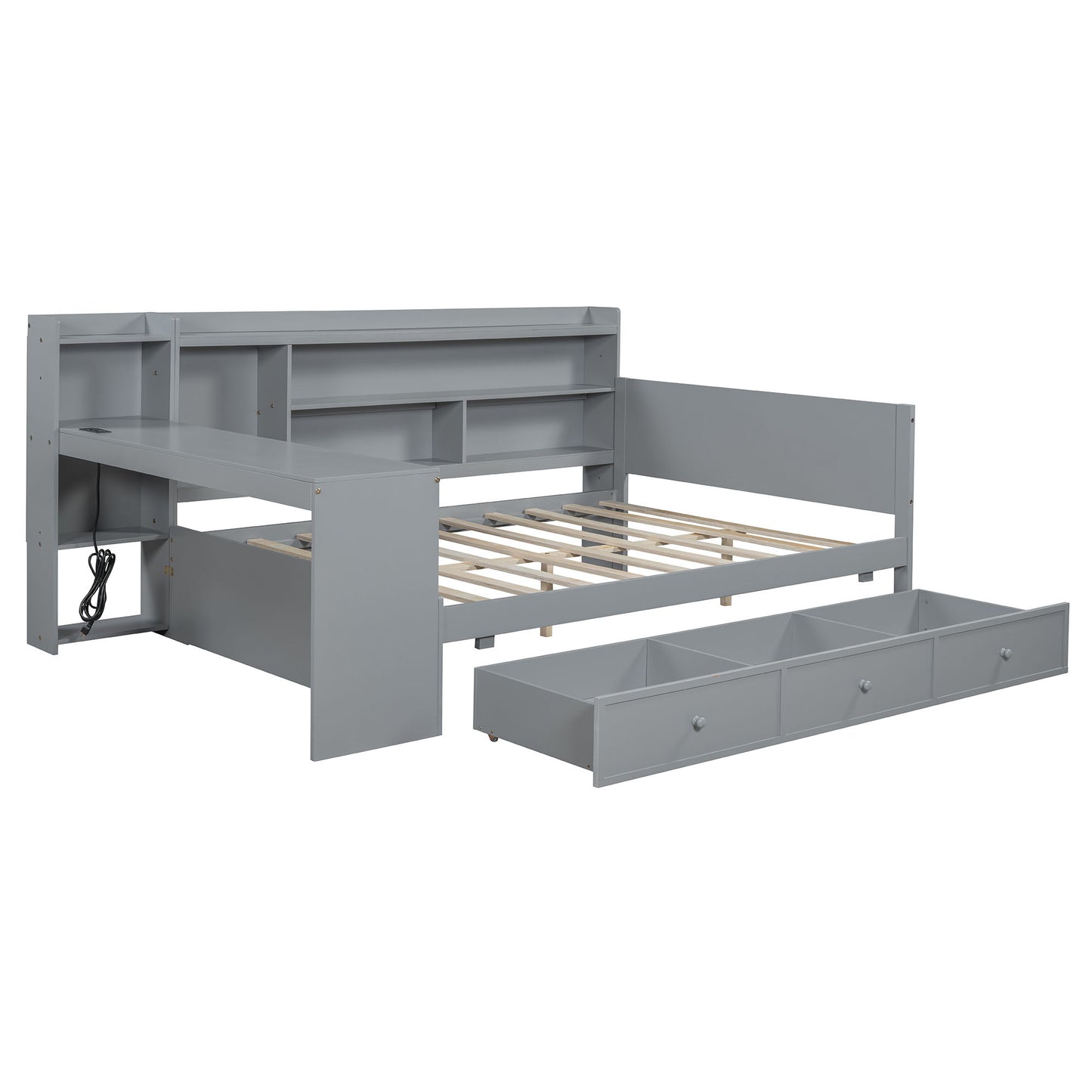 Full Size Daybed With 3 Drawers USB Ports And Desk - Gray