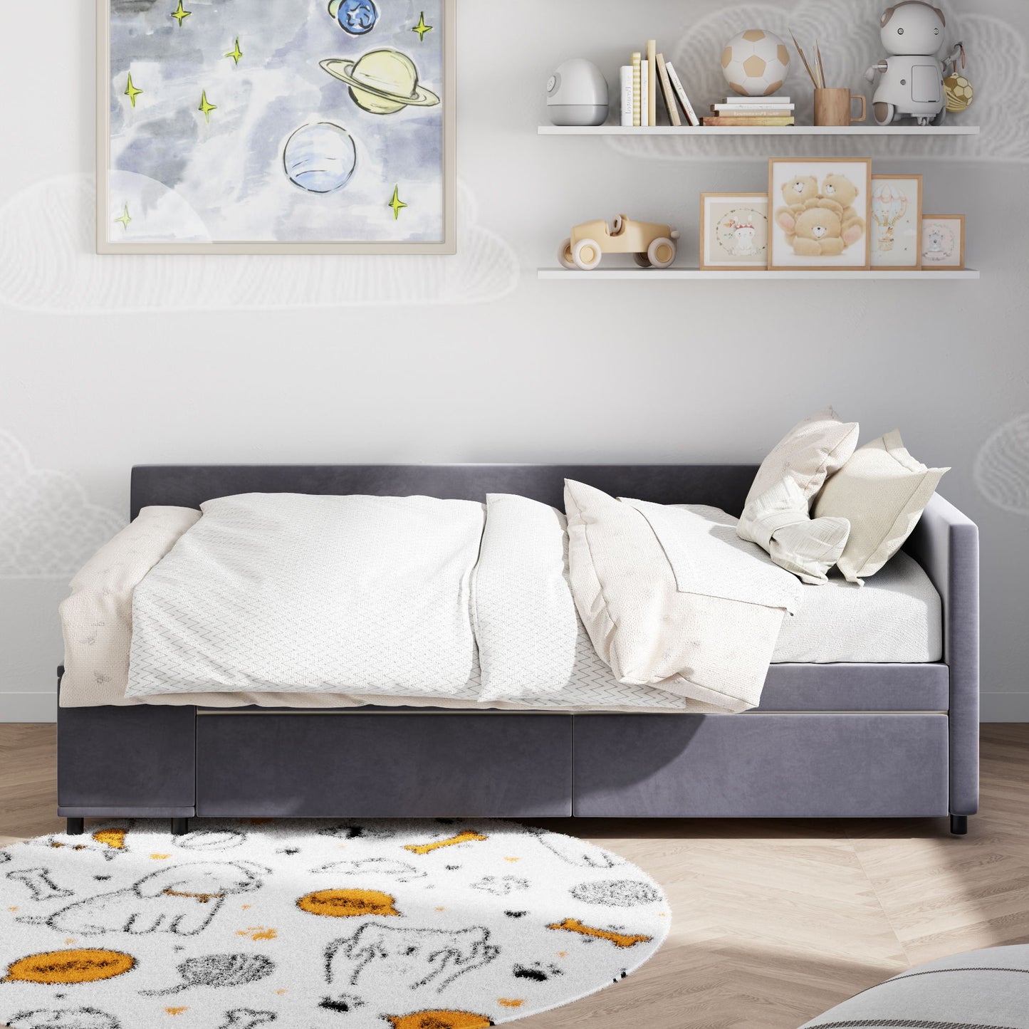 Twin L Shaped Upholstered Platform Bed With Storage Drawers - Gray