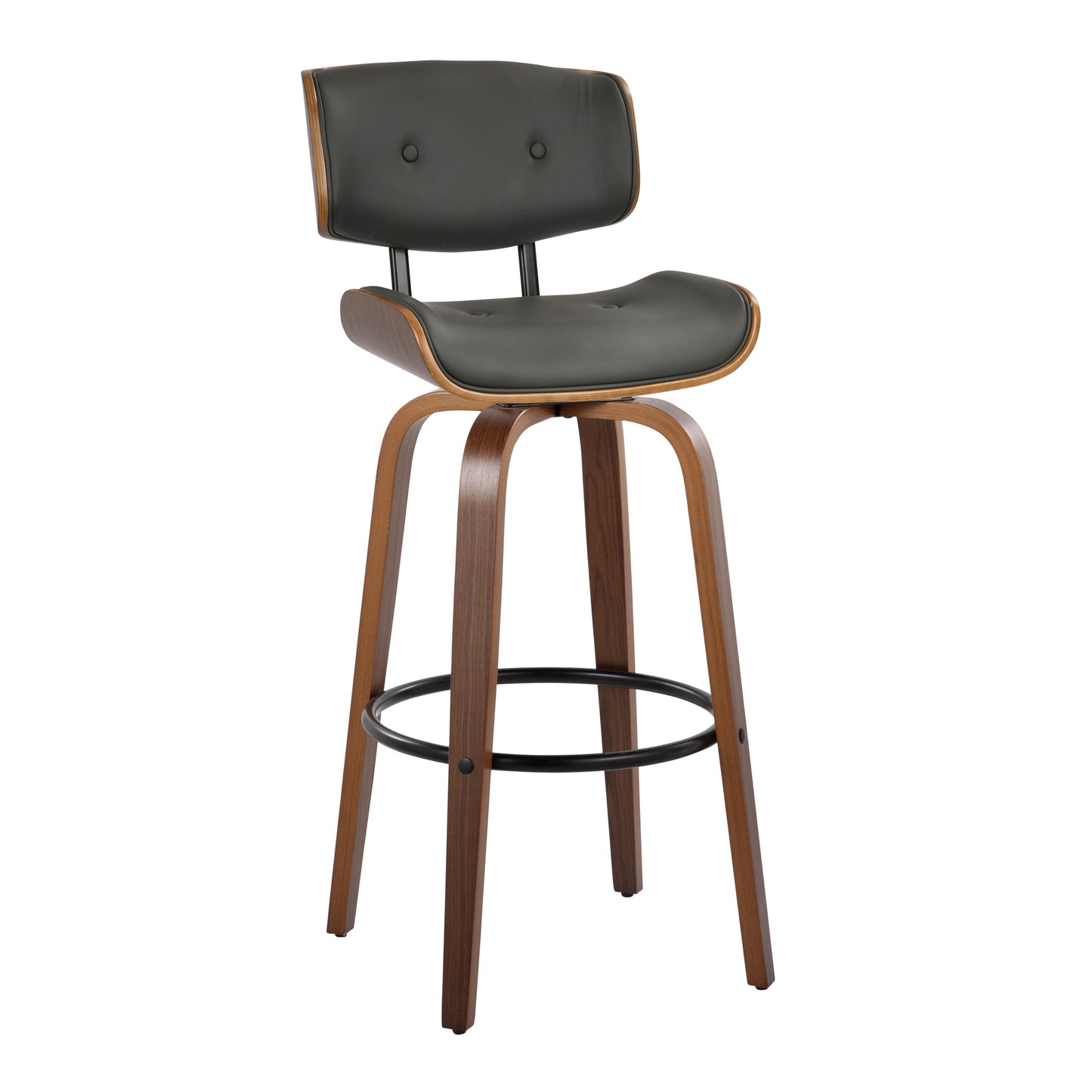 Lombardi - Mid-Century Modern Fixed Height Barstool With Swivel With Round Footrest (Set of 2) - Walnut / Gray