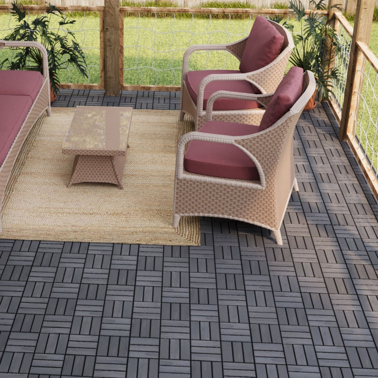 30 Piece Interlocking Deck Tiles Checker Pattern, Square Acacia Hardwood Outdoor Flooring For Patio, Bancony, Pool Side - Light Gray