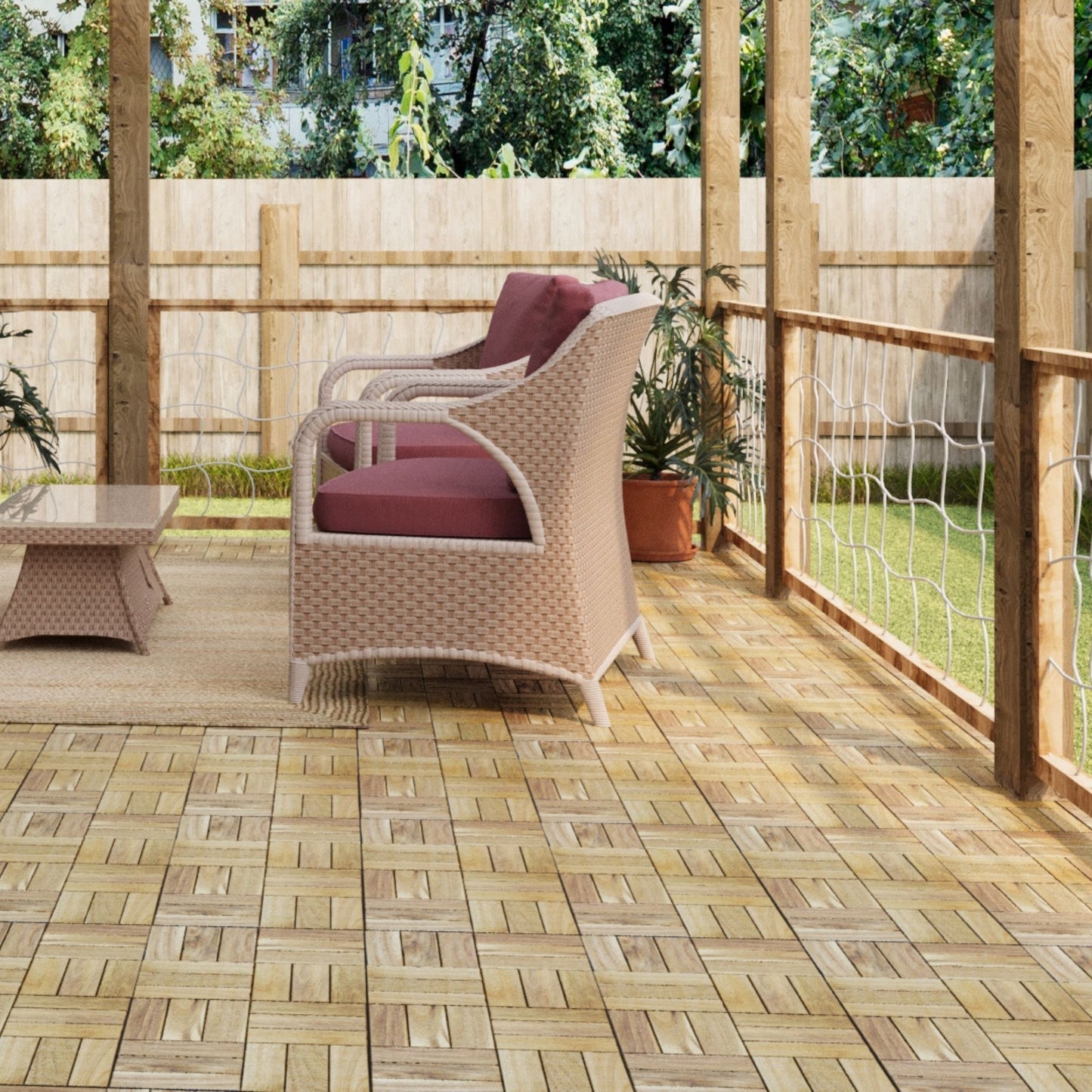 30 Piece Interlocking Deck Tiles Checker Pattern, Square Acacia Hardwood Outdoor Flooring For Patio, Bancony, Pool Side - Yellow