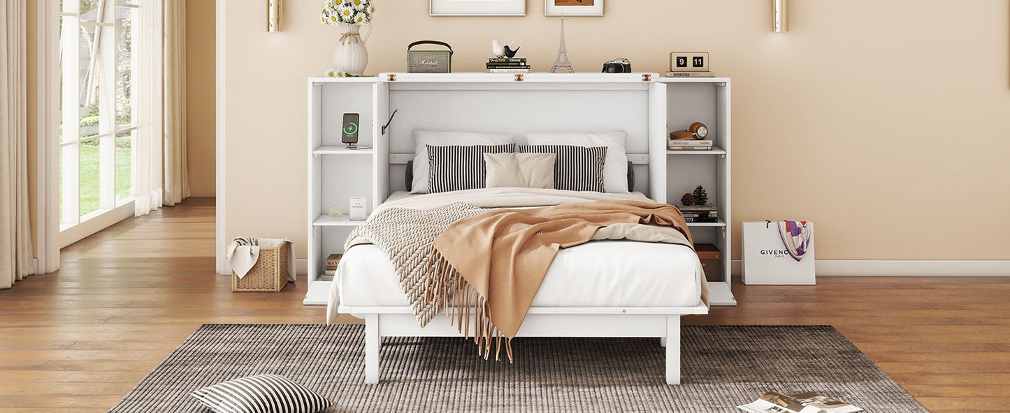 Full Size Murphy Bed With Shelves, Drawers And USB Ports - White