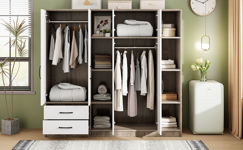 6 Door Wardrobe With Shelves And Drawers - Natural