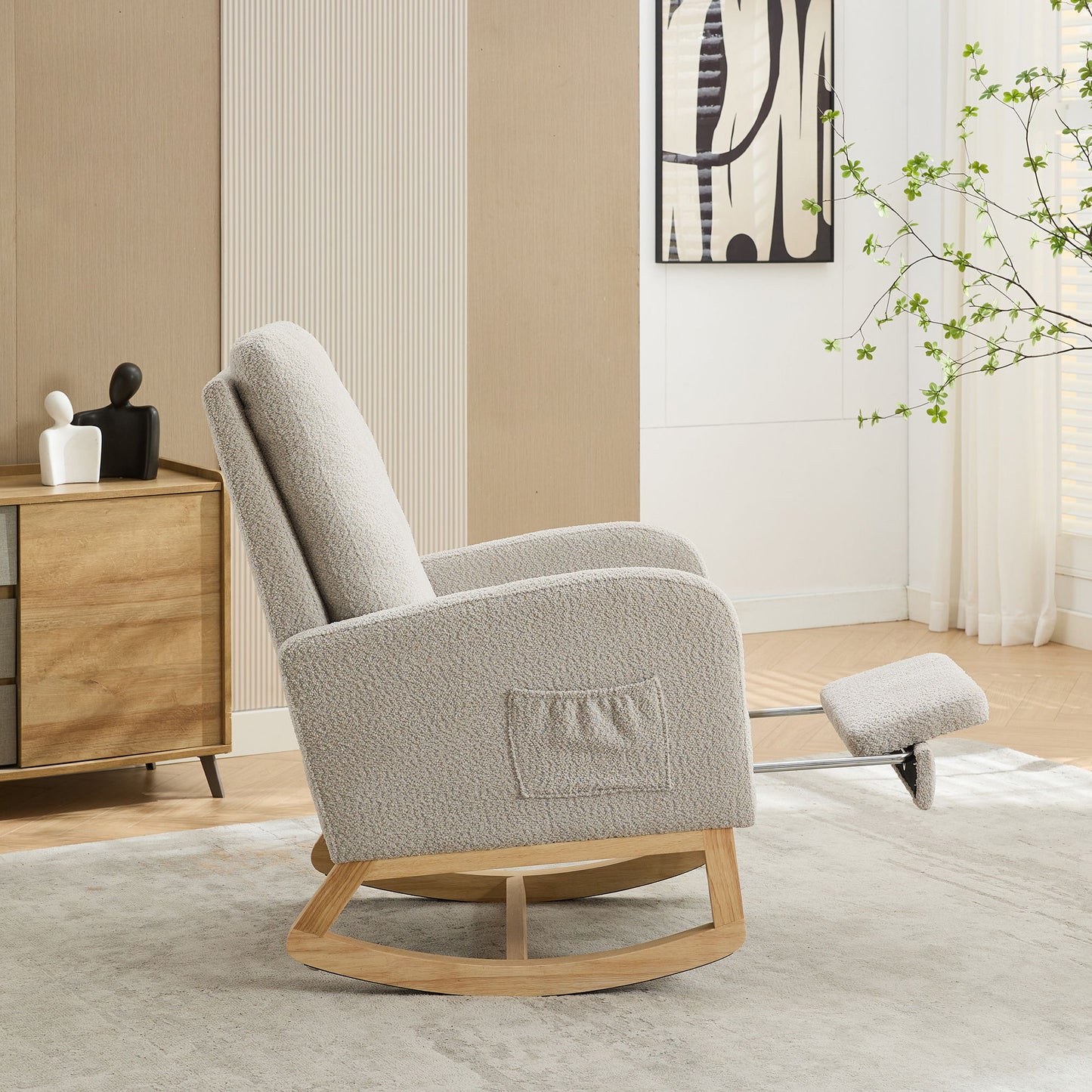 Rocking Chair For Nursery, High Back Glider Chair With Retractable Footrest, Side Pocket, Rocking Accent Armchair With Rubber Wood Legs For Living Room / Bedroom - Light Gray