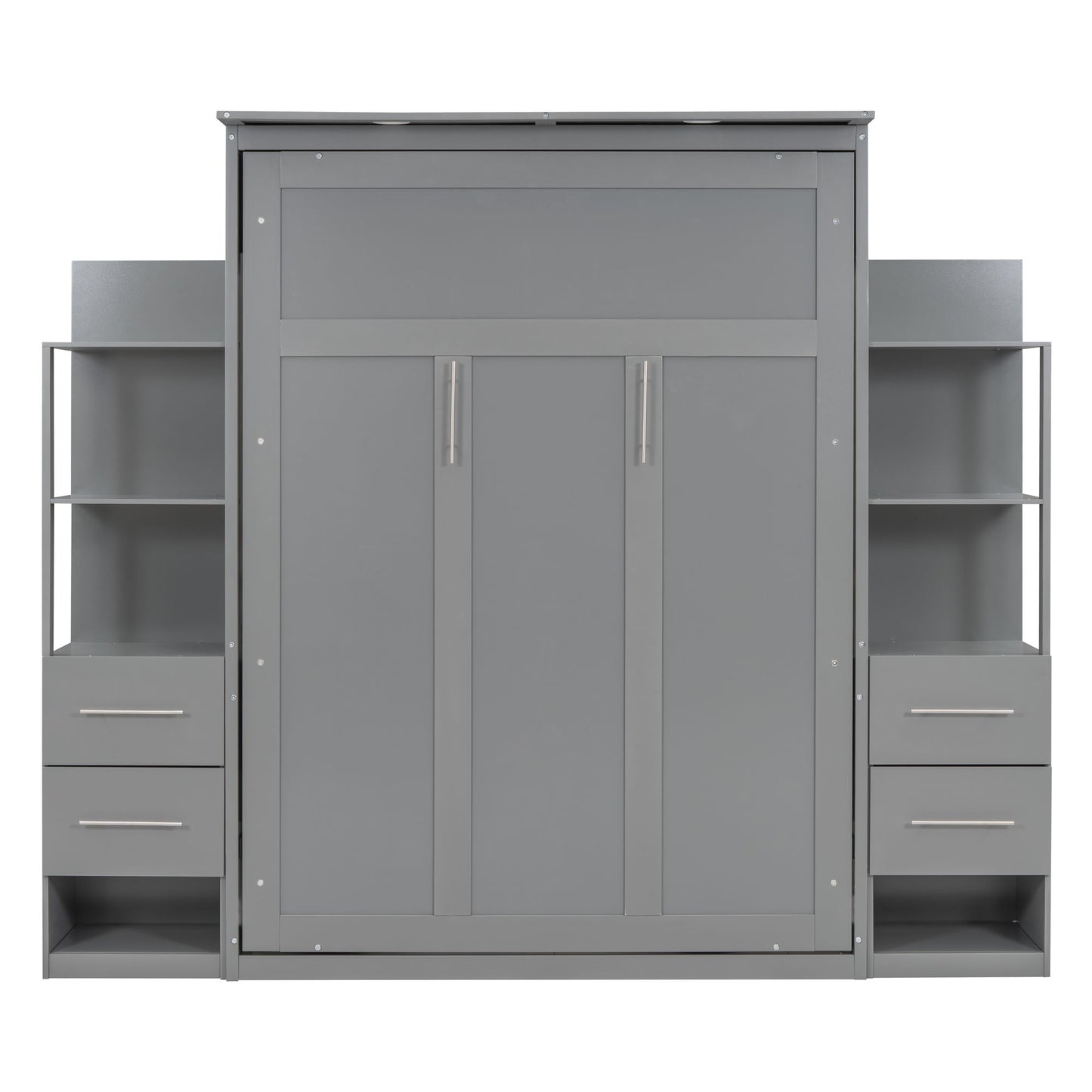 Full Size Murphy Wall Bed With Shelves, Drawers And LED Lights - Gray