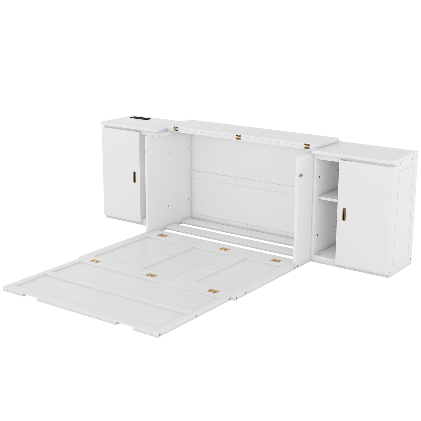 Full Size Murphy Bed With Shelves, Cabinets And USB Ports - White