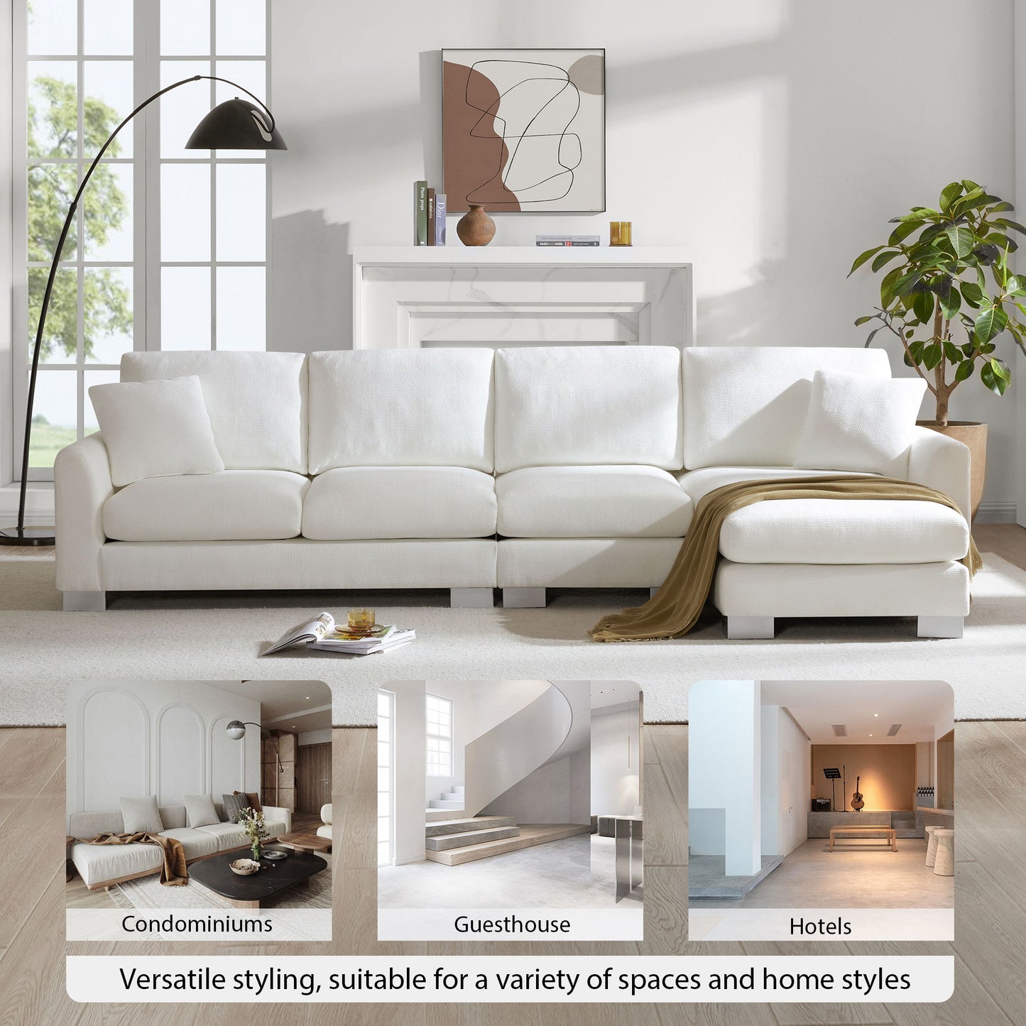 Modern Oversized Sectional Sofa, L-Shaped Luxury Couch Set With 2 Free Pillows, 5 Seat Chenille Indoor Furniture With Chaise - White