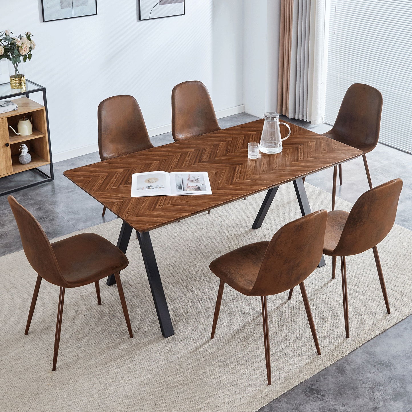 Modern Transferred Leg Backrest Dining Chair And Herringbone Dining Table Set Model Of Elegance And Durability For Home Furnishing - Brown / Walnut