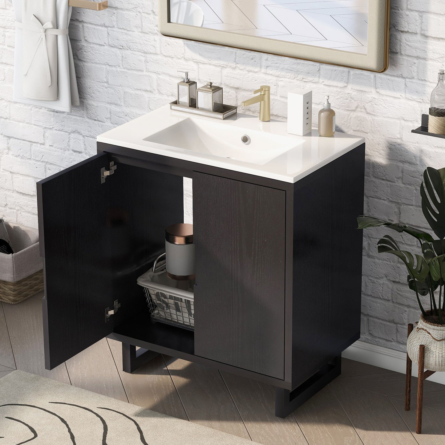 Bathroom Vanity Set With Sink, Combo Cabinet, Bathroom Storage Cabinet, Solid Wood Frame - Black