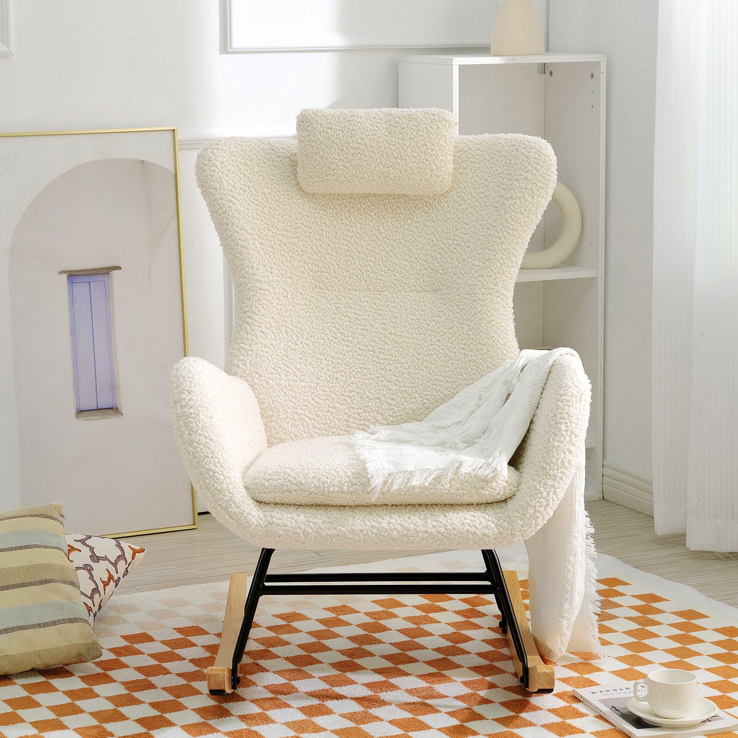 Rocking Chair Nursery, Teddy Upholstered Rocker Glider Chair With High Backrest, Adjustable Headrest & Pocket, Comfy Glider Chair For Nursery, Bedroom, Living Room, Offices, Rubber Wood - Beige