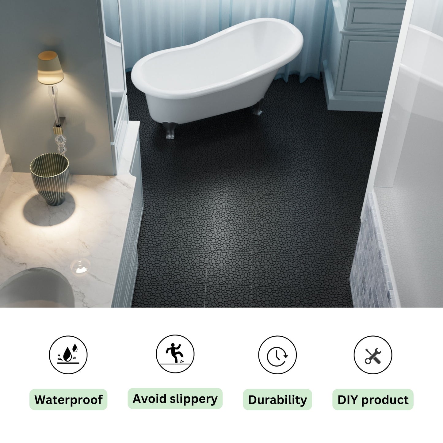 Interlocking Deck Tiles Plastic Waterproof Outdoor All Weather Anti-Slip Bathroom Shower Balcony Porch Strong Weight Capacity Upto 440 Lbs, Pebble Stone Pattern Pack Of 12 - Black