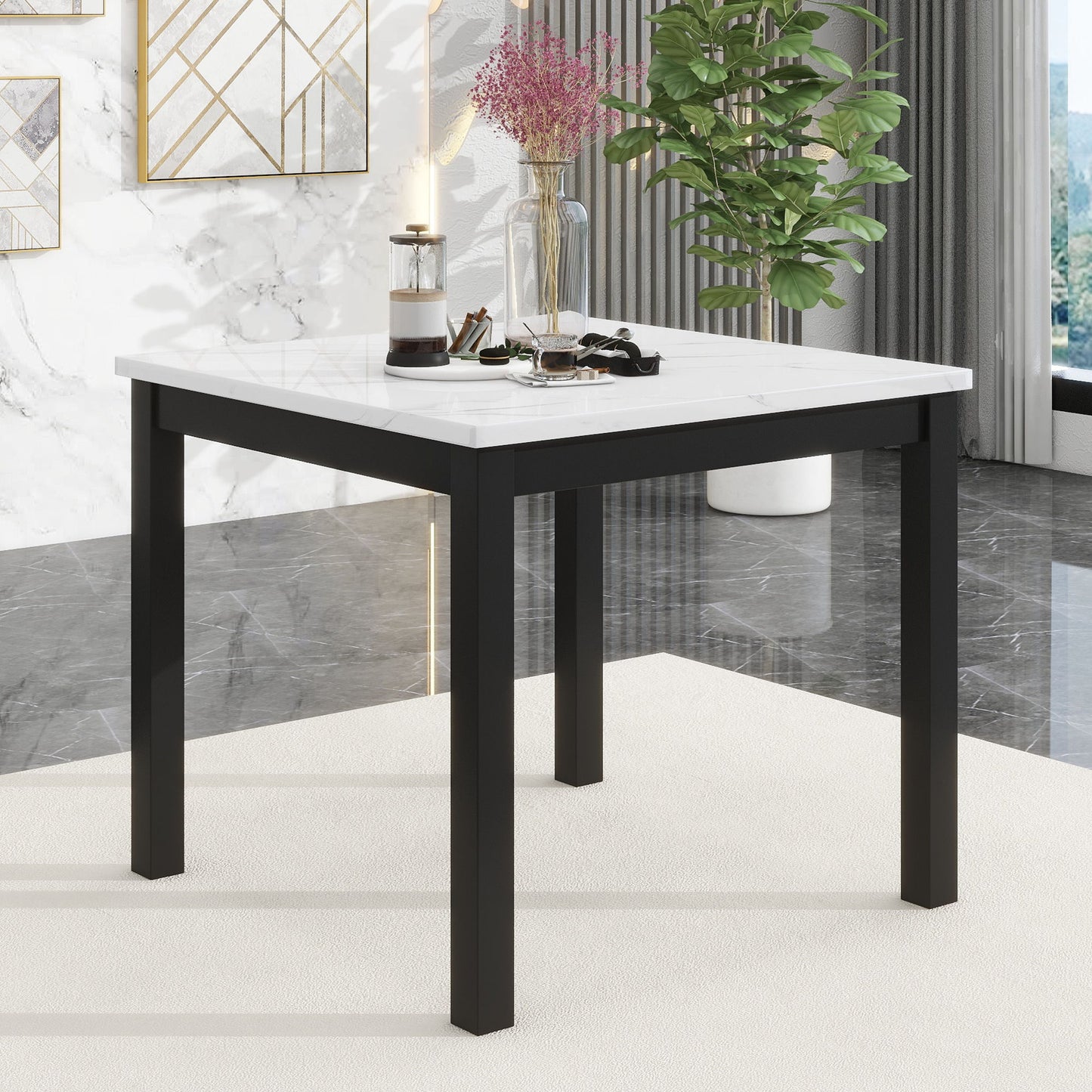 5-Piece Counter Height Dining Table Set With One Faux Marble Top Dining Table And Four Velvet Upholstered Chairs - Black