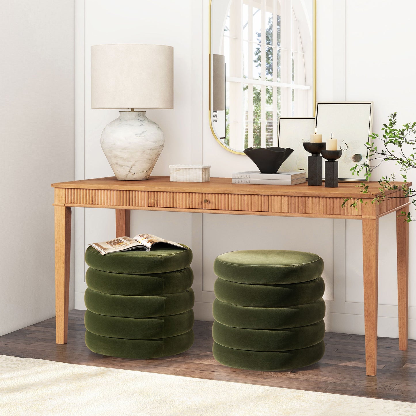 Fuji - Oversized Round Storage Ottoman - Olive Green