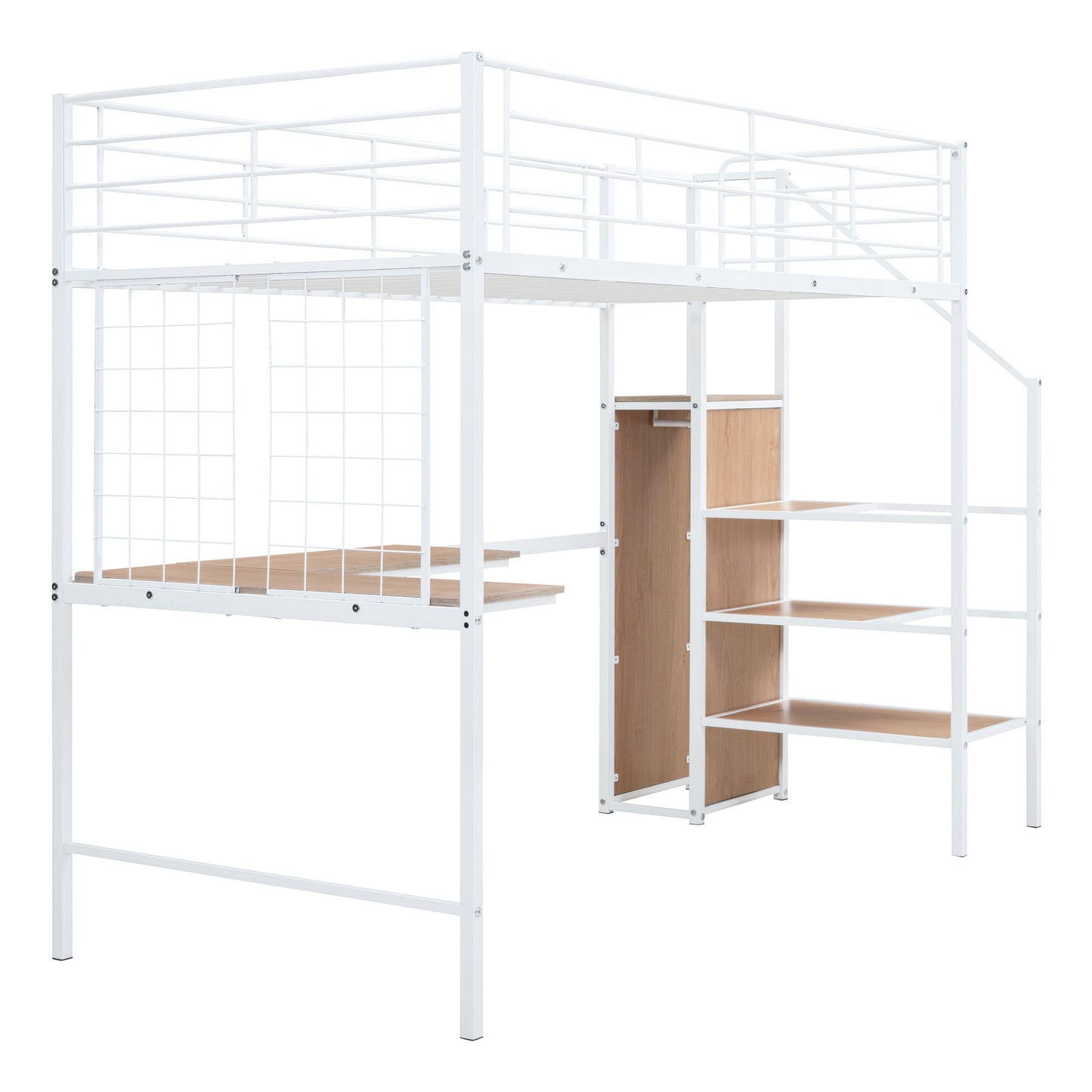 Twin Size Loft Bed With Desk And Grid, Stylish Frame With Lateral Storage Ladder And Wardrobe - White