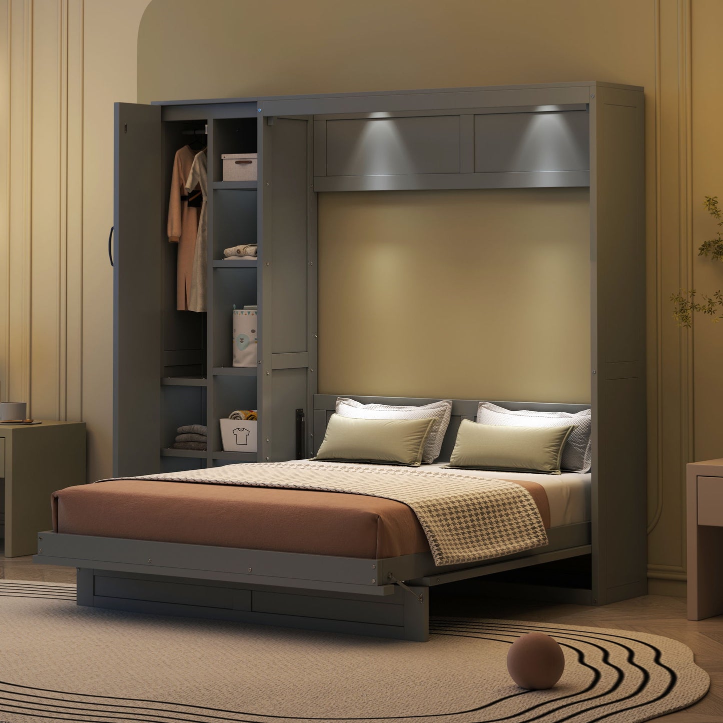 Full Size Murphy Wall Bed With Shelves, Wardrobe And LED Lights - Gray