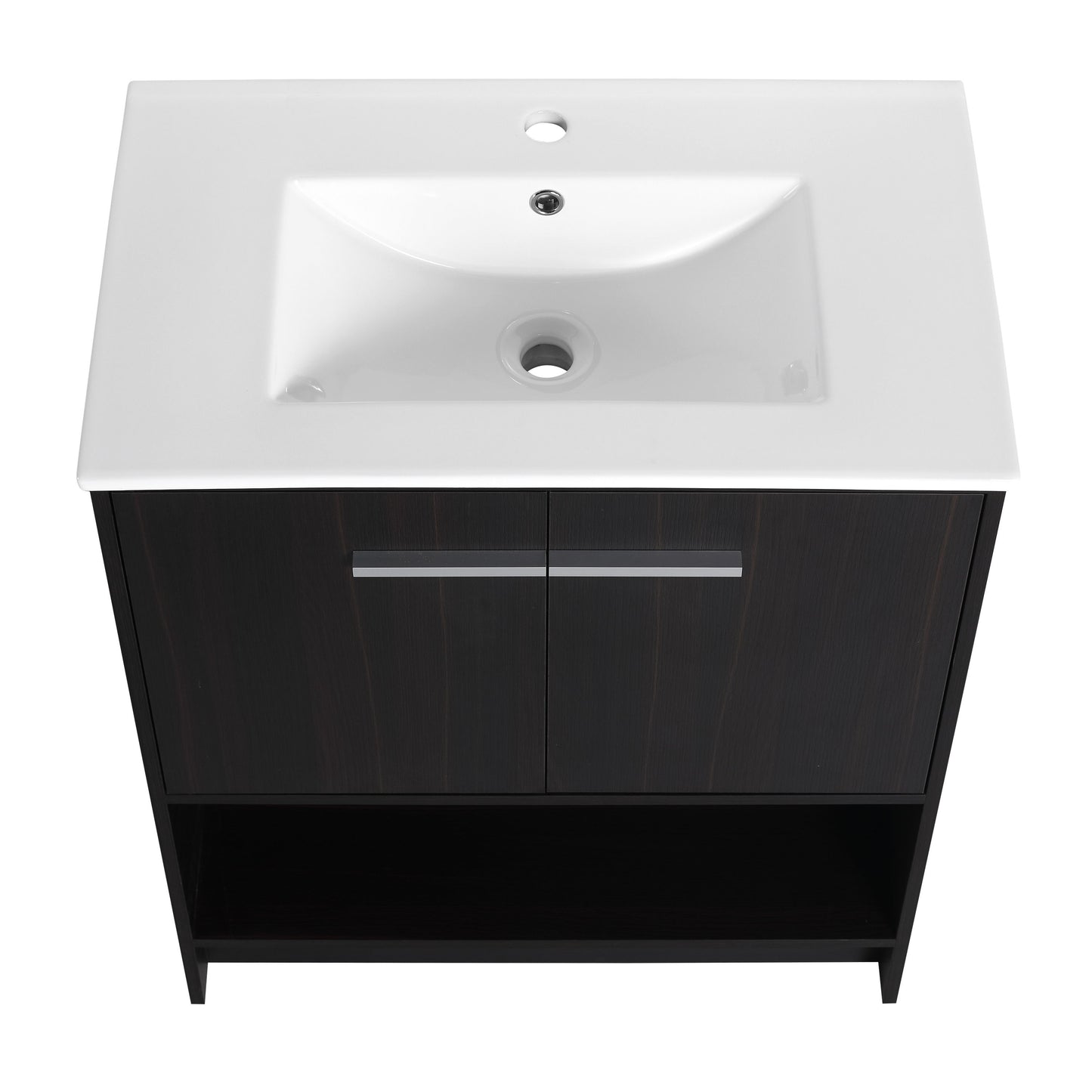 Modern Freestanding 30" Bathroom Vanity With Ceramic Sink, Soft Closing Doors Cabinet - Dark Oak