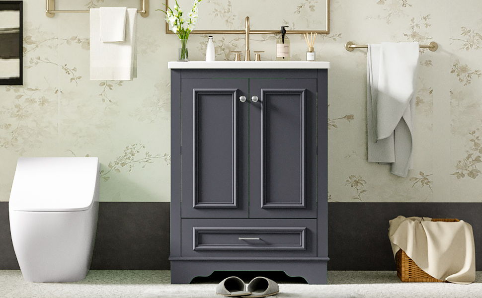 Bathroom Vanity With Ceramic Sink Combo, Modern Freestanding Storage Cabinet With Silver Handles, Soft Closing Doors - Blue Gray