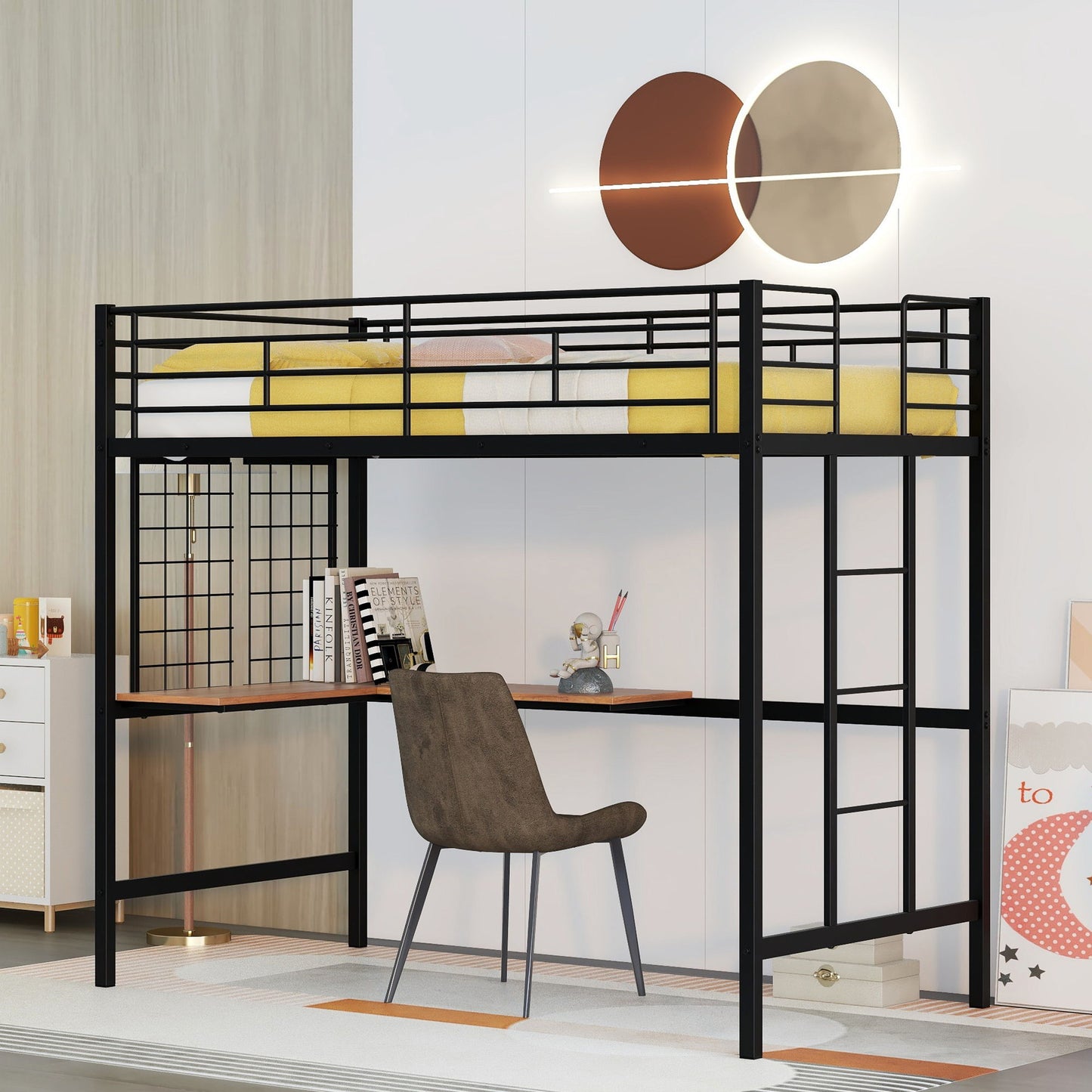 Twin Loft Bed With Desk And Grid - Black