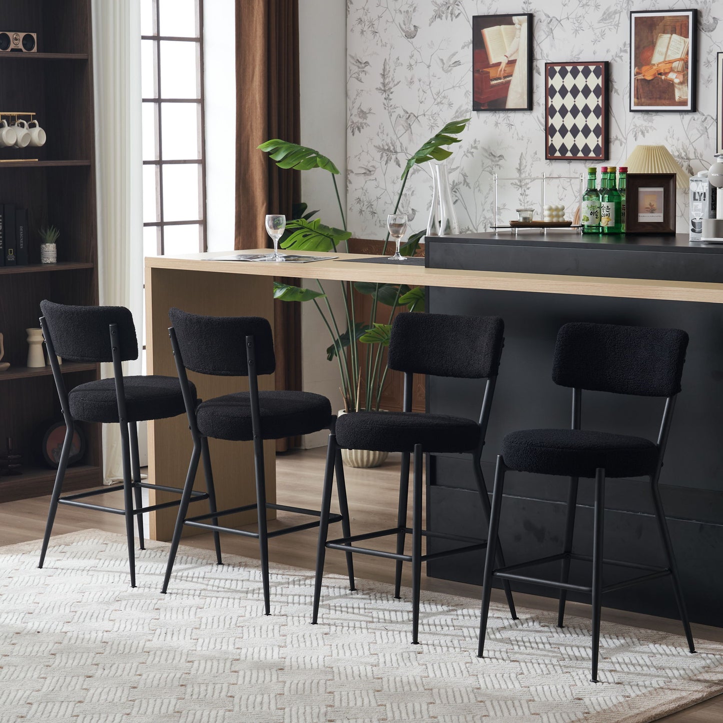 Modern Teddy Fabric Upholstered Bar Stools (Set of 2)- Black