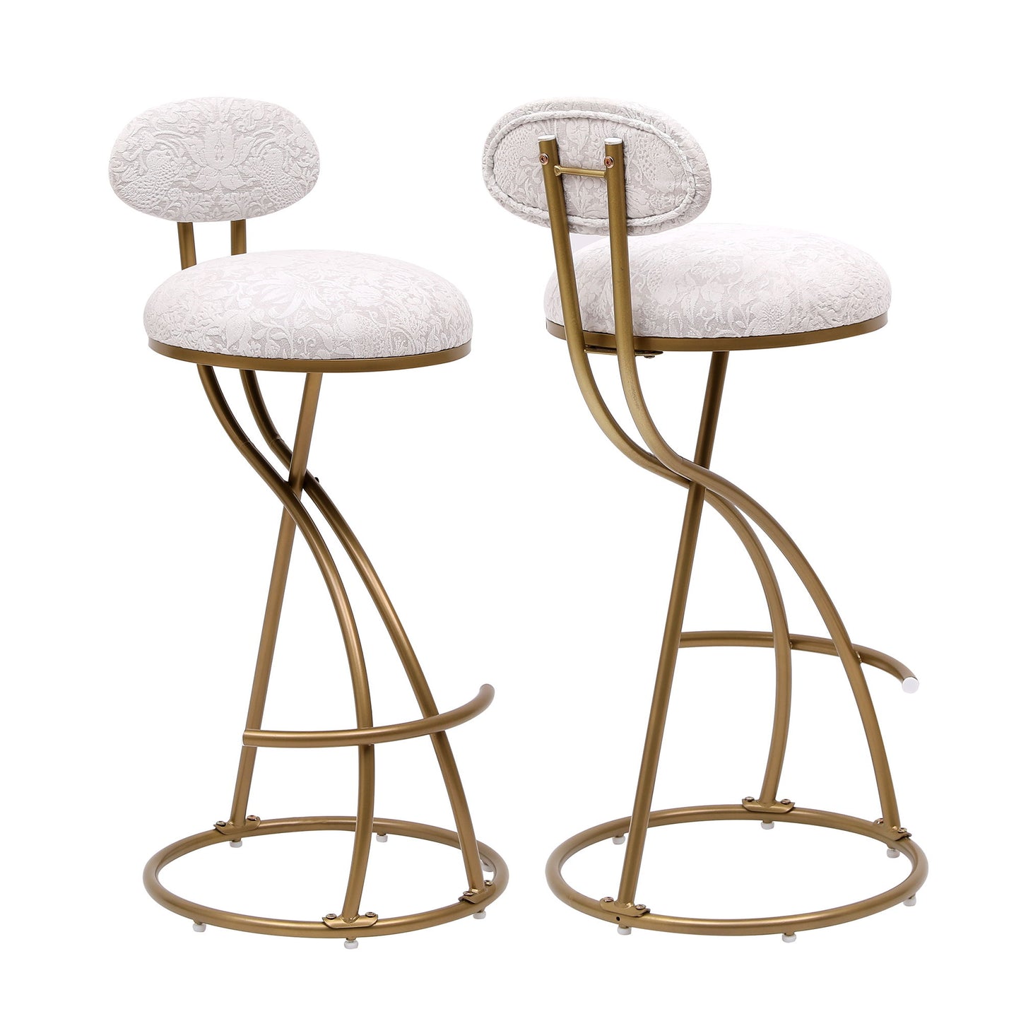 Modern S Shaped Bar Stools (Set of 2) With Backrest Floral Print Upholstered Dining Chairs Counter Height For Kitchen Island - Gold & White Print