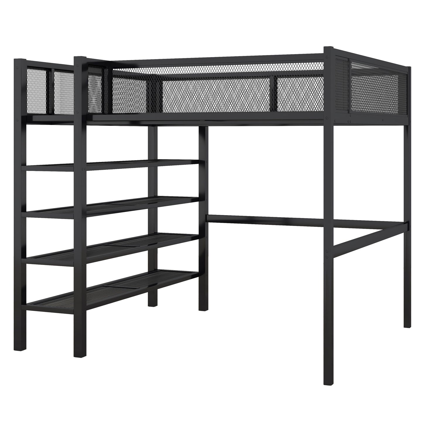 Full Size Loft Bed With 4 Tier Shelves And Storage - Black