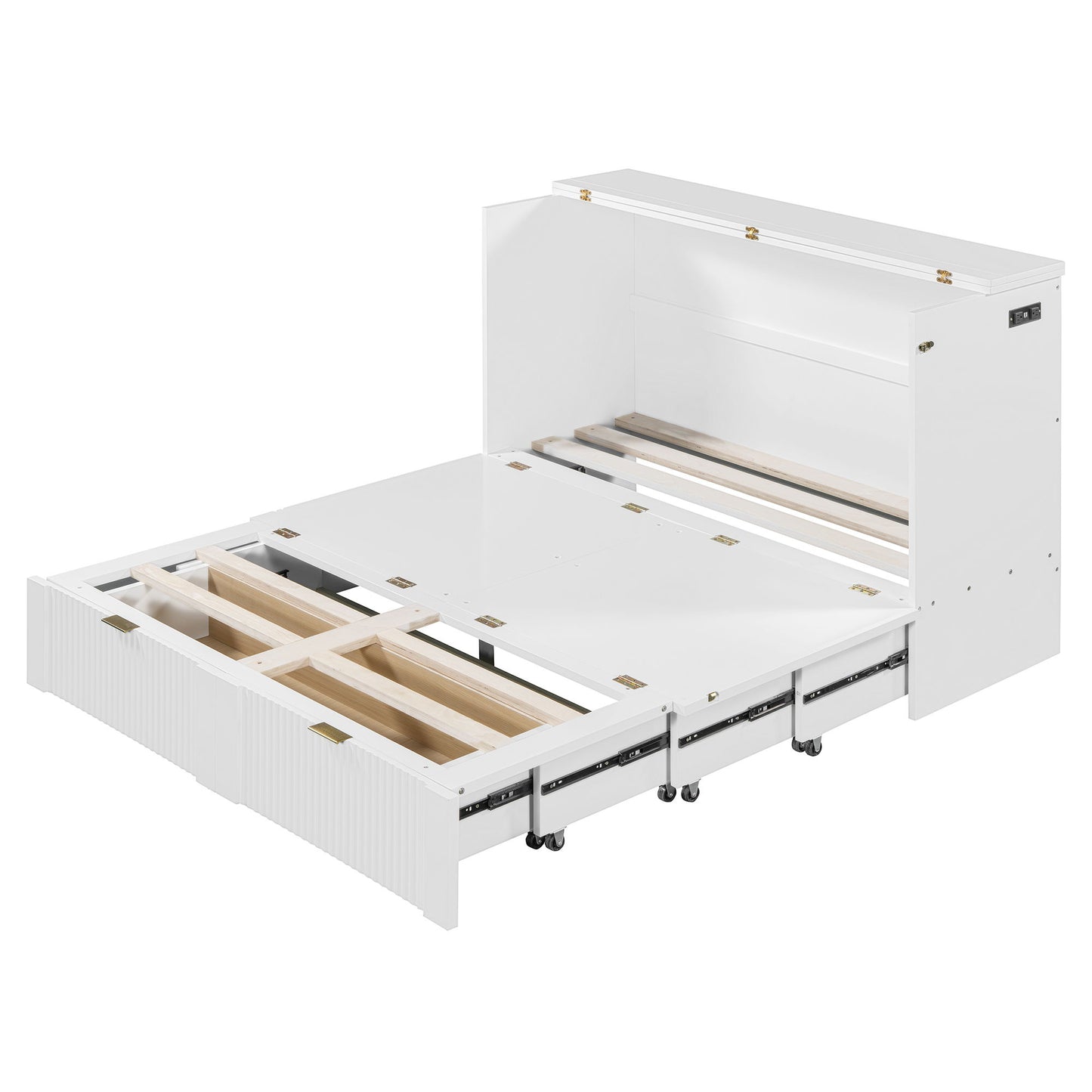 Full Size Murphy Bed With Drawer And A Set Of Sockets & USB Ports, Pulley Structure Design - White
