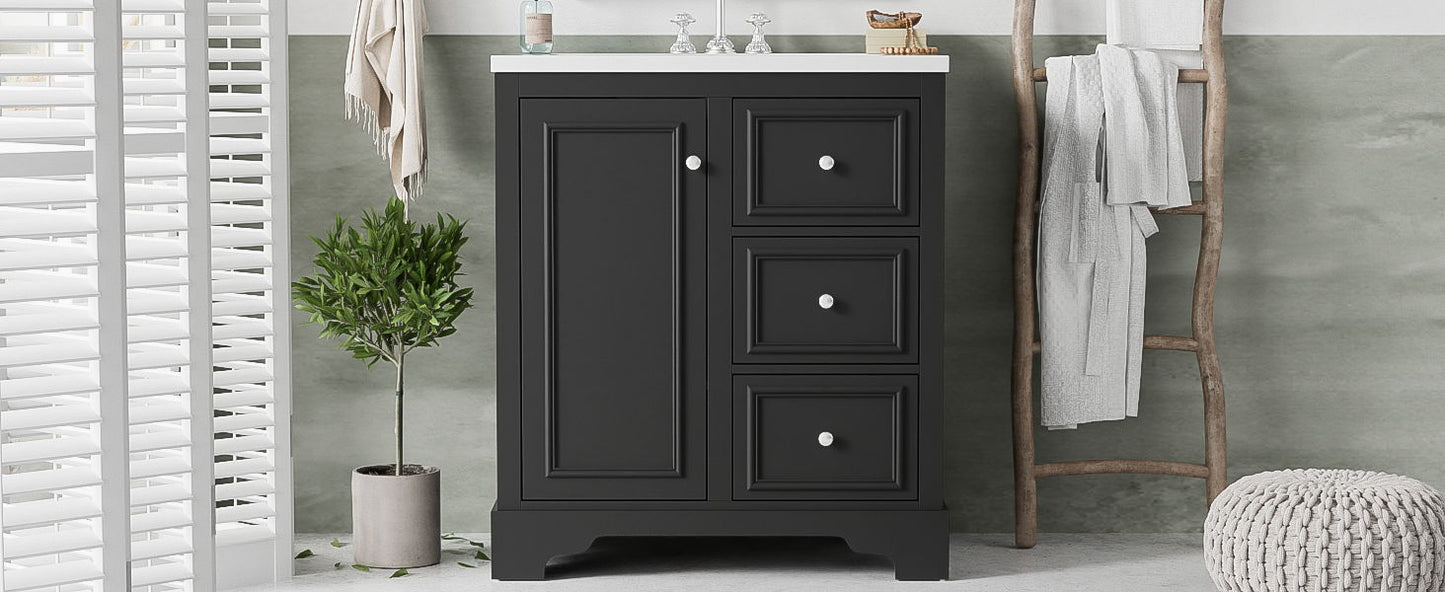 Bathroom Vanity Cabinet With Ceramic Basin, 3 Drawers And Adjustable Shelves - Black
